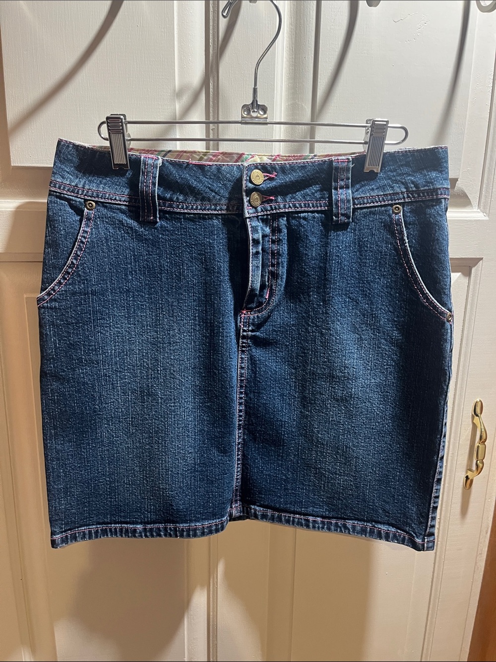 Lilly Pulitzer Dark Blue Denim Skirt with Pink Stitching